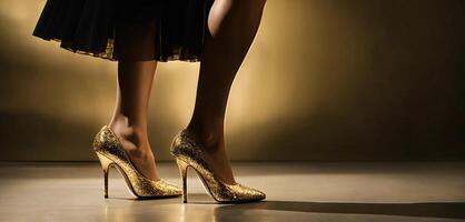 ai generato gambe di un' donna nel d'oro tacco alto scarpe. ai generativo foto