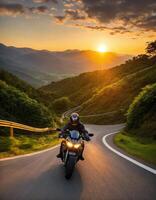 ai generato motociclista equitazione un' motociclo su un' nazione strada a tramonto. ai generativo foto