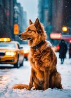 ai generato carino nova scozia anatra rintocchi cane da riporto cane seduta su un' nevoso strada. ai generativo foto