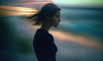 ai generato sfocato movimento silhouette di un' ragazza con lungo capelli. ai generativo foto