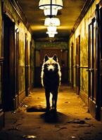 ai generato ritratto di un' lupo nel un' buio corridoio a notte. ai generativo foto