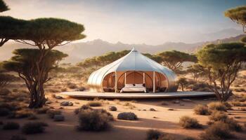 ai generato campeggio tenda nel il deserto a tramonto. ai generativo foto