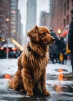 ai generato carino nova scozia anatra rintocchi cane da riporto cane seduta su un' nevoso strada. ai generativo foto