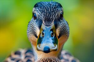 ai generato ciarlatano eleganza un' ipnotizzante avvicinamento di un' grazioso anatra. foto