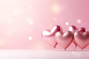 ai generato elegante metallico rosa oro San Valentino cuore palloncini su un' pianura bianca grafico sfondo san valentino giorno romantico bokeh morbido illuminazione foto