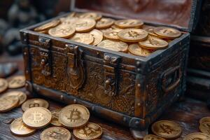 ai generato vicino su di tesoro il petto pieno di d'oro bitcoin monete. accumulo di ricchezza. crypto attualità concetto foto