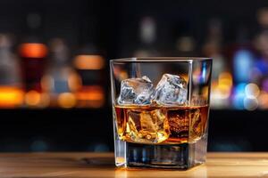 ai generato bicchiere di whisky e ghiaccio su il sbarra, guardare, alcol, silenzioso lusso foto