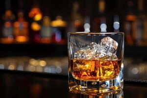 ai generato bicchiere di whisky e ghiaccio su il sbarra, guardare, alcol, silenzioso lusso foto