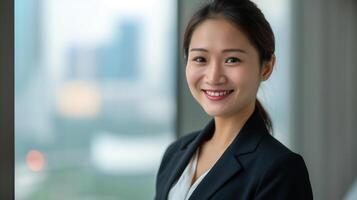 ai generato attraente asiatico donna d'affari manager in piedi fiducioso con sfocato ufficio edifici come un' sfondo foto