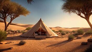 ai generato campeggio tenda nel il deserto a tramonto. ai generativo foto