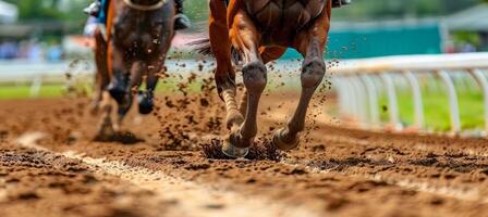 ai generato intenso cavallo da corsa Visualizza a partire dal sotto cattura eccitante gioco d'azzardo azione con fantini e zoccoli foto