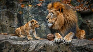 ai generato maschio Leone e Leone cucciolo ritratto con testo spazio, equilibrato composizione con oggetto su giusto foto