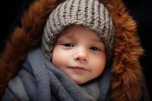 ai generato carino assonnato caucasico neonato bambino indossare un' a maglia berretto e avvolto nel un' pelliccia coperta guardare a telecamera, bambino ritratto foto