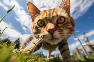 ai generato curioso divertente gatto Zenzero animale domestico su prato guardare a telecamera, animale testa fisheye Visualizza foto