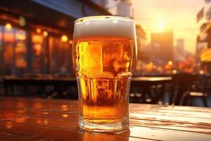 ai generato bicchiere di leggero schiumoso birra su tavolo di un' strada bar su un' soleggiato sera, avvicinamento di un alcolizzato bevanda foto