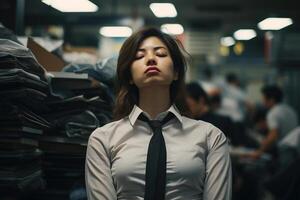 ai generato stanco asiatico femmina ufficio lavoratore addormentato a posto di lavoro vicino mucchio di documenti, bruciato a opera foto