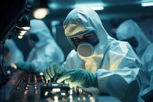 ai generato virologia e biologia scienza concetto. medico virologo nel chimico protezione uniforme Lavorando nel laboratorio foto