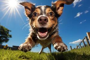 ai generato divertente allegro animale domestico giocoso cane in esecuzione con Aperto bocca nel natura su un' soleggiato giorno, azione ritratto animale fisheye Visualizza foto