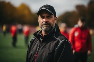 ai generato ritratto di un' calcio allenatore su un' gli sport terra, un' grave maschio istruttore durante formazione a un all'aperto stadio foto