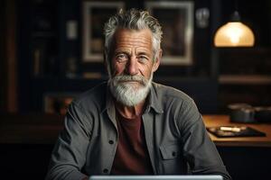 ai generato bello anziano uomo utilizzando il computer portatile mentre seduta al chiuso, ritratto di sorridente allegro caucasico nonno Lavorando in linea a casa e guardare a telecamera foto