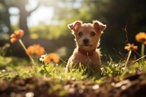 ai generato carino cucciolo nel natura su soleggiato giorno, animale domestico seduta nel parco su erba foto