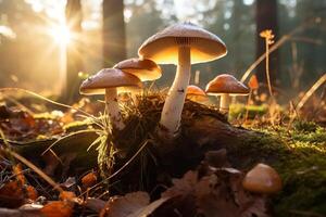 ai generato funghi in crescita nel foresta su soleggiato autunno mattina, avvicinamento foto