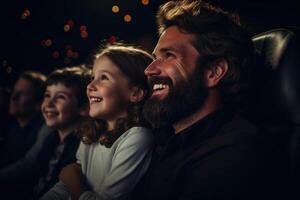 ai generato contento famiglia nel pubblico cinema, ritratto di ridendo papà con bambini Guardando commedia film mentre seduta nel cinema sala foto