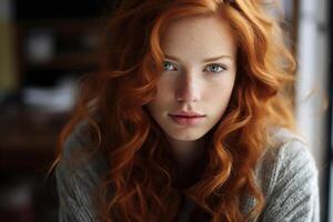 ai generato femminile ritratto, bella naturale lentigginoso dai capelli rossi donna a finestra in casa guardare a telecamera foto