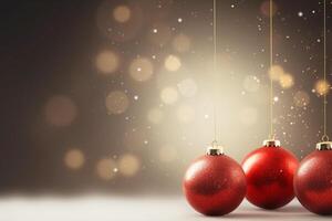 ai generato sospeso rosso palle e bokeh luci su un' grigio sfondo, Natale festivo sfondo con copyspace foto