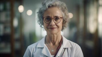 ai generato ritratto di anziano dai capelli grigi donna medico o scienziato indossare bicchieri in piedi nel laboratorio o Ospedale, maturo allegro donna nel bianca cappotto guardare a telecamera. foto