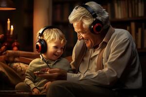 ai generato allegro nonno con nipote ascoltando per musica su smartphone, ridendo poco ragazzo e Nonno nel cuffie avendo divertimento su divano nel camera. famiglia positivo stile di vita ritratto foto