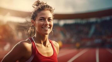 ai generato gli sport e formazione bandiera con copia spazio. contento sorridente donna atleta in posa a stadio all'aperto foto