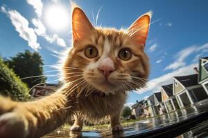 ai generato curioso gatto divertente animale domestico toccante telecamera con zampa all'aperto, fisheye animale ritratto foto