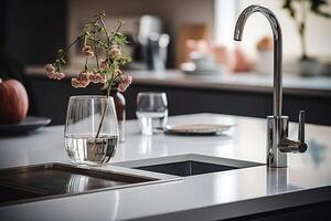 ai generato avvicinamento cucina interno minimalismo disegno, rubinetto e controsoffitto foto