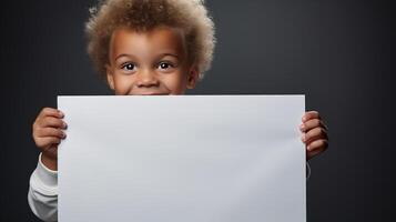 ai generato positivo carino mulatto ragazzo Tenere bianca foglio modello, sorridente bambino mostrando foglio di carta con vuoto spazio per testo foto