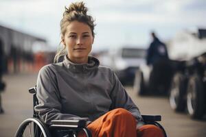 ai generato ritratto di giovane caucasico femmina atleta nel abbigliamento sportivo con invalidità seduta su sedia a rotelle e guardare a telecamera foto