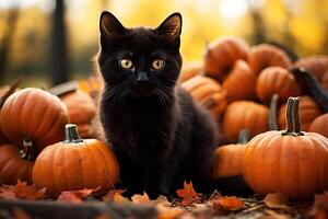 ai generato carino nero gattino e arancia zucche nel autunno foresta, divertente animale domestico seduta all'aperto guardare a telecamera. Halloween e ottobre concetto foto