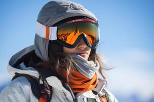 ai generato attivo giovane donna snowboarder o sciatore nel capispalla e maschera nel nevoso montagne guardare lontano all'aperto, inverno gli sport foto