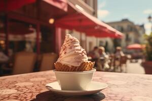 ai generato ghiaccio crema Cupcake nel un' cialda tazza su tavolo di un' strada bar su un' soleggiato giorno, avvicinamento foto