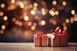 ai generato Natale sorpresa su festivo luccichio bokeh sfondo con copia spazio, avvolto regalo scatole decorato con rosso arco foto