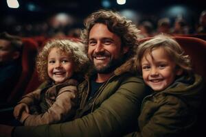 ai generato contento padre abbracciare il suo bambini nel cinema, famiglia comune divertimento vacanza foto