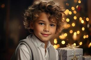 ai generato natale bambino ritratto sorridente carino poco Riccio ragazzo contro fondale di ghirlande, decorato Natale albero e regalo in casa guardare a telecamera foto