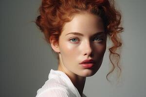 ai generato ritratto caucasico testa Rossa modello naturale bellezza, attraente giovane donna con pulito pelle guardare a telecamera foto