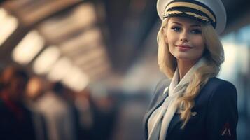 ai generato ritratto di bellissimo sorridente giovane donna aereo pilota nel uniforme con berretto guardare lontano, copia spazio foto