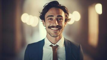 ai generato bello elegante positivo sorridente adulto uomo con baffi nel completo da uomo guardare a telecamera, maschio ritratto foto