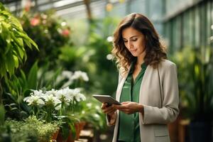 ai generato elegante femmina donna d'affari contadino utilizzando tavoletta per analizzare e Piano fiore giardino attività commerciale sviluppo strategia mentre in piedi nel serra foto