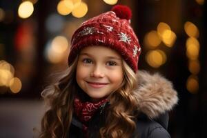 ai generato Natale ritratto sorridente carino bambino ragazza nel festivo rosso cappello su sfondo di decorato strada bokeh all'aperto foto