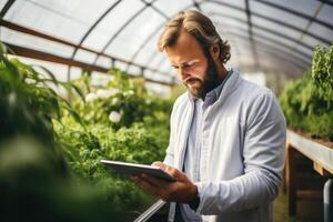 ai generato scienziato contadino uomo analizzando agricolo strategia nel serra, agricoltura analista utilizzando tavoletta. scientifico sostenibile digitale sviluppo eco azienda agricola concetto foto