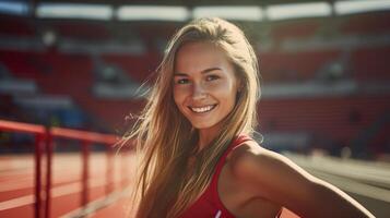 ai generato gli sport e addestramento, positivo bella sottile in forma donna atleta in posa a stadio all'aperto foto