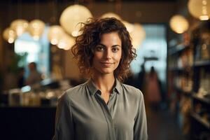 ai generato donna venditore, manager o donna d'affari nel un' negozio. ritratto di un' sorridente bella giovane donna dentro un ufficio guardare a telecamera foto